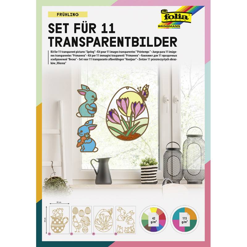 SET FÜR 11 TRANSPARENTBILDER Set zum Erstellen von 11 transparenten Bildern mit Frühlingsdesigns, einschließlich Blumen und Tieren, mit Anleitung gezeigt.