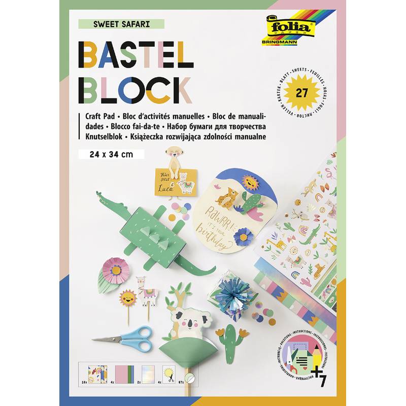 Bastel Block Verpackung zeigt bunte Papierbastelarbeiten und eine Motivauswahl, geeignet für kreative Faltprojekte.