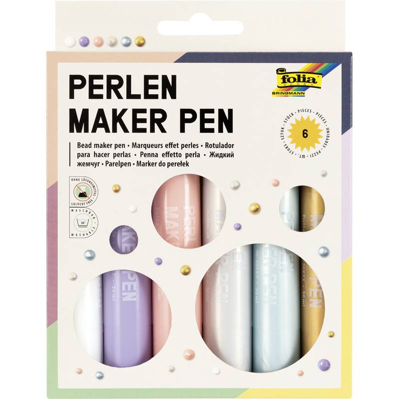 Packung von 'Perlen Maker Pen' von Folia, enthält sechs pastellfarbene Stifte zur Herstellung von dekorativen Perleneffekten, mit Text in mehreren Sprachen.