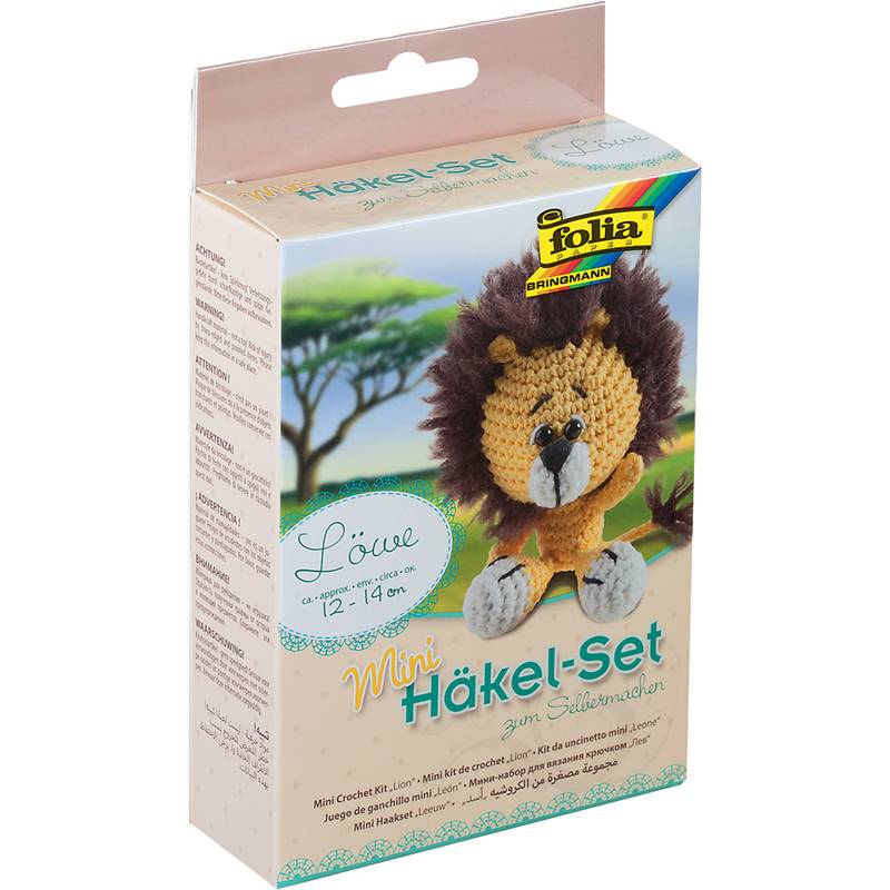 Mini Häkel-Set zum Selbermachen - Löwe, ein Häkelset mit Materialien zum Selbstanfertigen eines kleinen Löwen-Spielzeugs, geeignet für Alter 12-14 Jahre.