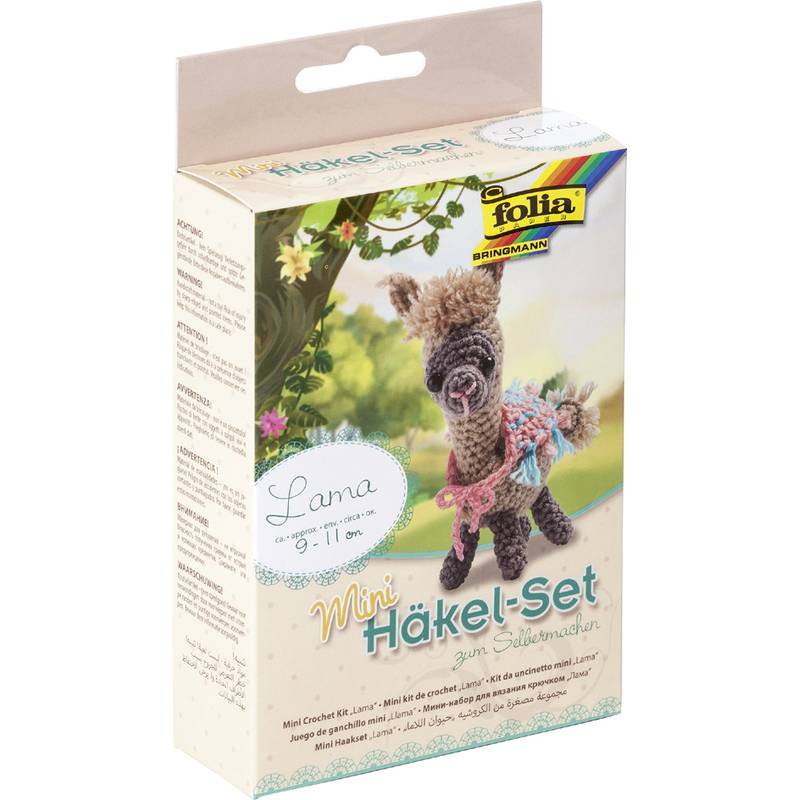 Häkelset Mini - Set zum Häkeln eines kleinen Lamas, mit Beispielbild des fertigen gehäkelten Lamas auf der Verpackung.