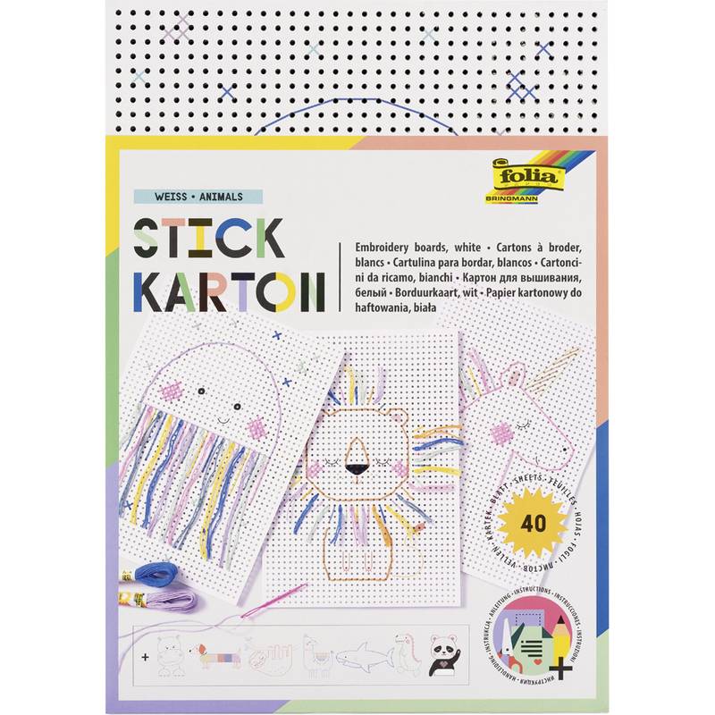 Stickkarton-Stickset-Verpackung, die ein Set mit weißen Stickbrettern zur Erstellung von Tierdesigns zeigt. Inklusive Bastelwerkzeuge.