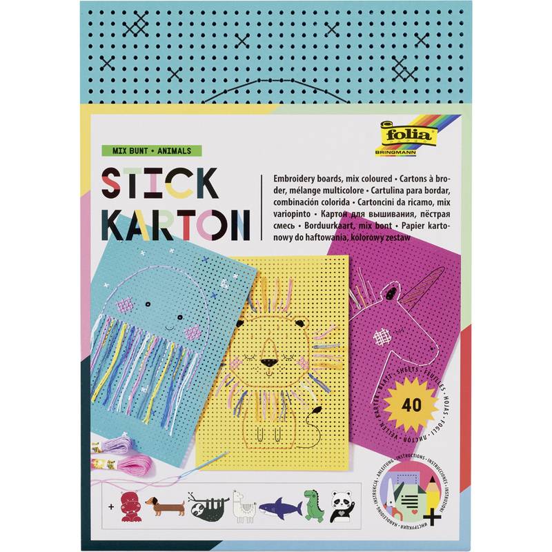 Stick Karton' Stickrahmen-Paket mit Tier-Designs und bunten Fäden; umfasst 40 Stück für kreative Projekte.