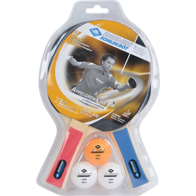 Tischtennis-Set-Verpackung mit einem Schläger, zwei Bällen und Griffband. Etikett zeigt die Aufschrift 'Appelgren Line Level 300' mit dem Bild eines Spielers.
