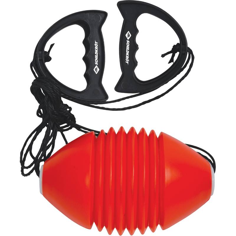 Ein rotes Handperkussionsinstrument mit schwarzen Griffen und Saiten, das entwickelt wurde, um Rhythmen durch Entlangstreichen über die geriffelte Oberfläche zu erzeugen.