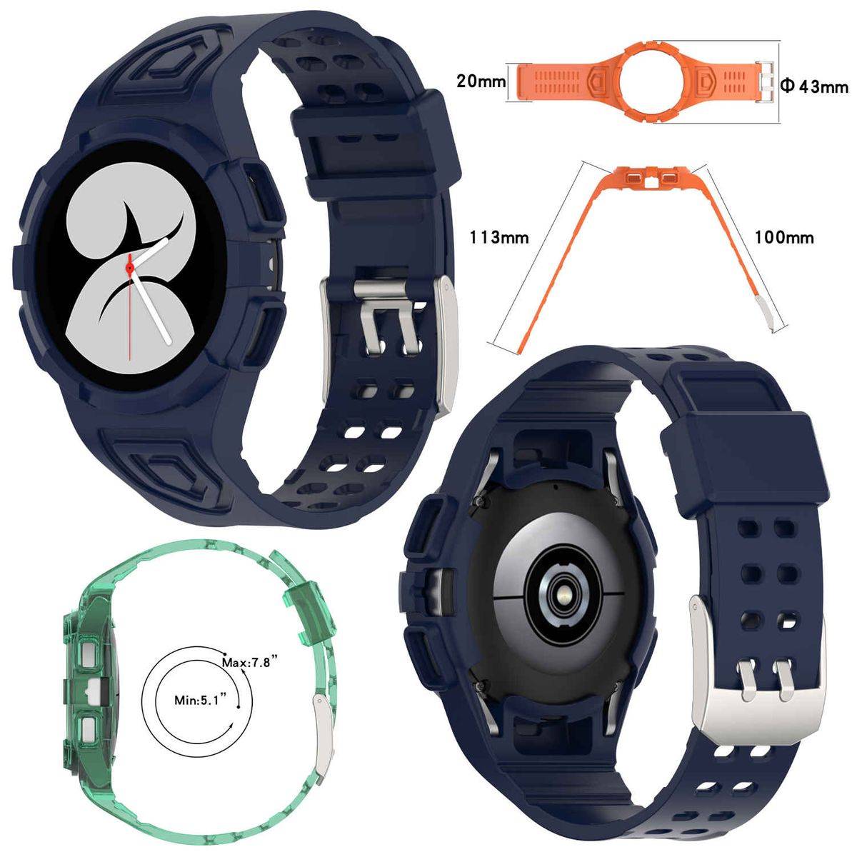 Für Samsung Galaxy Watch 4 Classic 46mm Kunststoff / Silikon Armband mit Gehäuse-Schutz Watch Uhr Dunkelblau Ersatz Arm Band