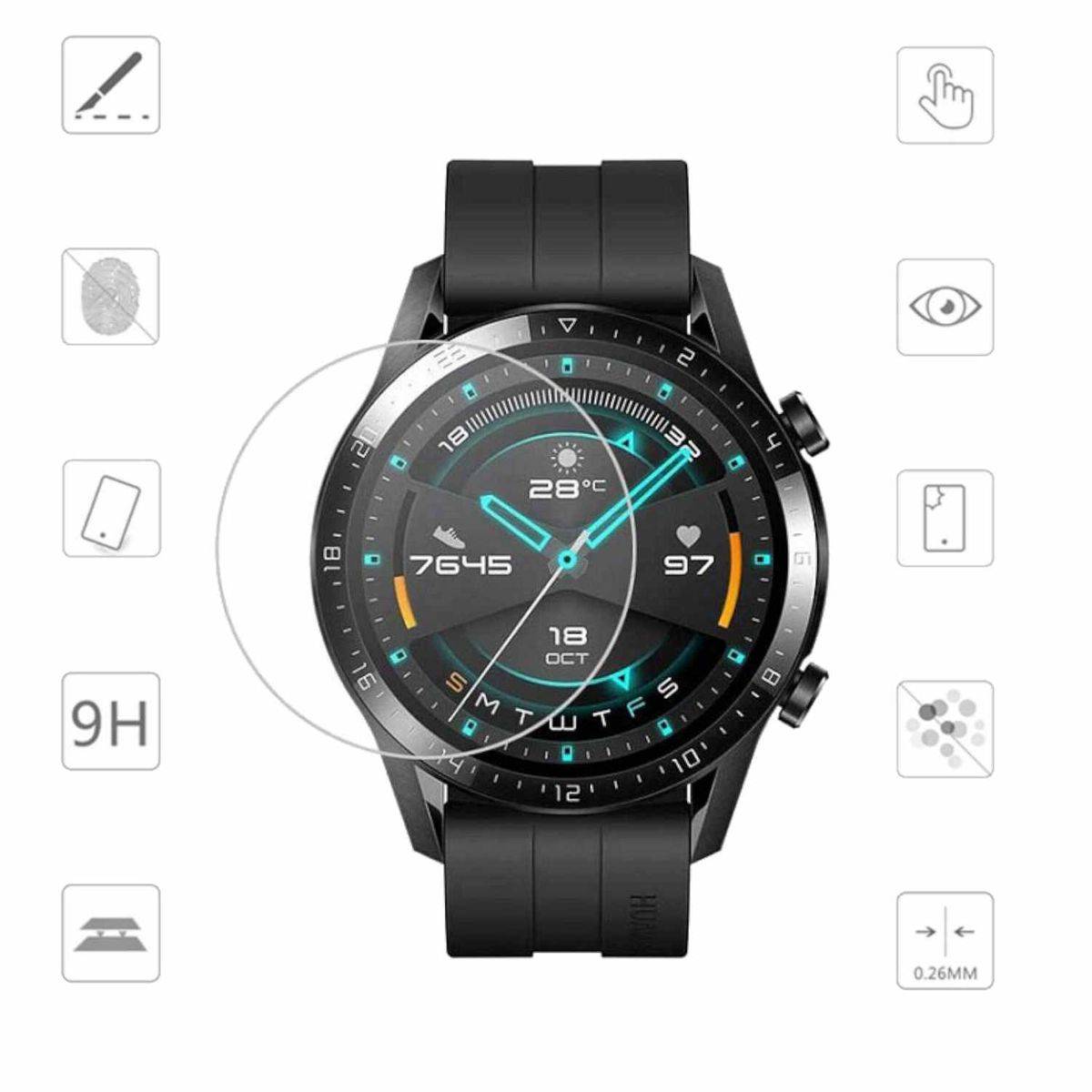 1x 0,26 mm H9 Hart Glas Schock Folie für Honor Magic Watch 2 46mm Schutz Panzer Zubehör Glas Neu