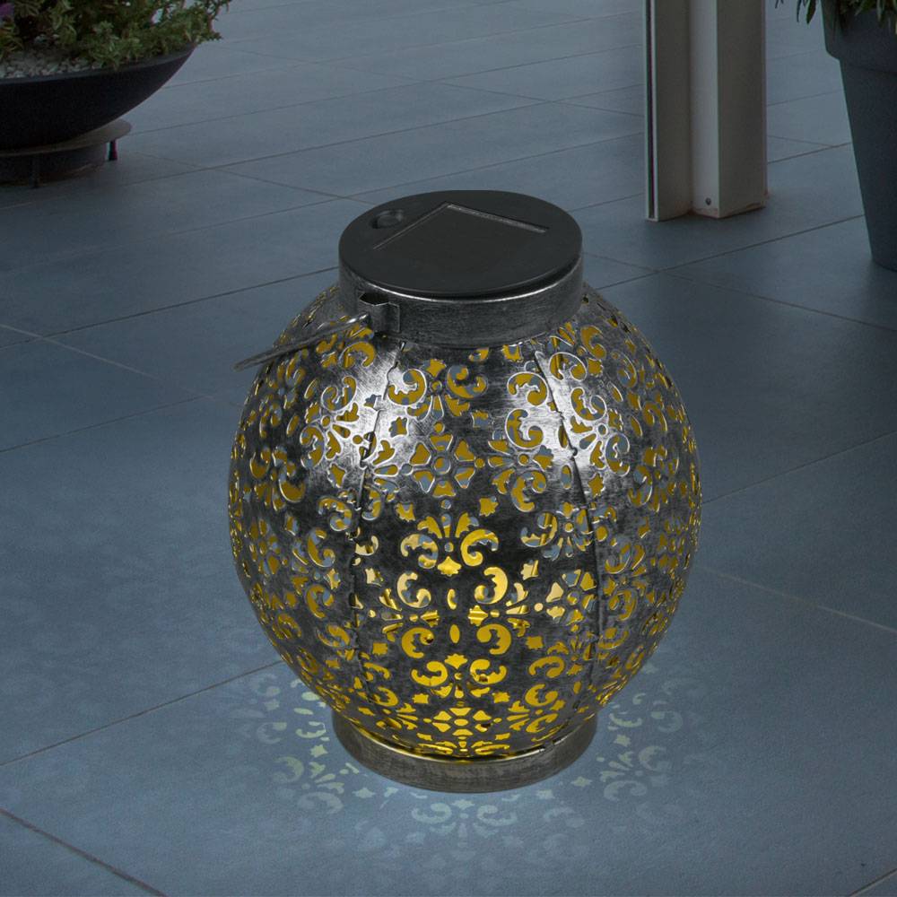 Solar Kugel antik Solarkugel Metall für Garten Kugelsolarleuchten für Außen, mit orientalischem Lichteffekt in silber zum stellen/stecken, LED, DxH