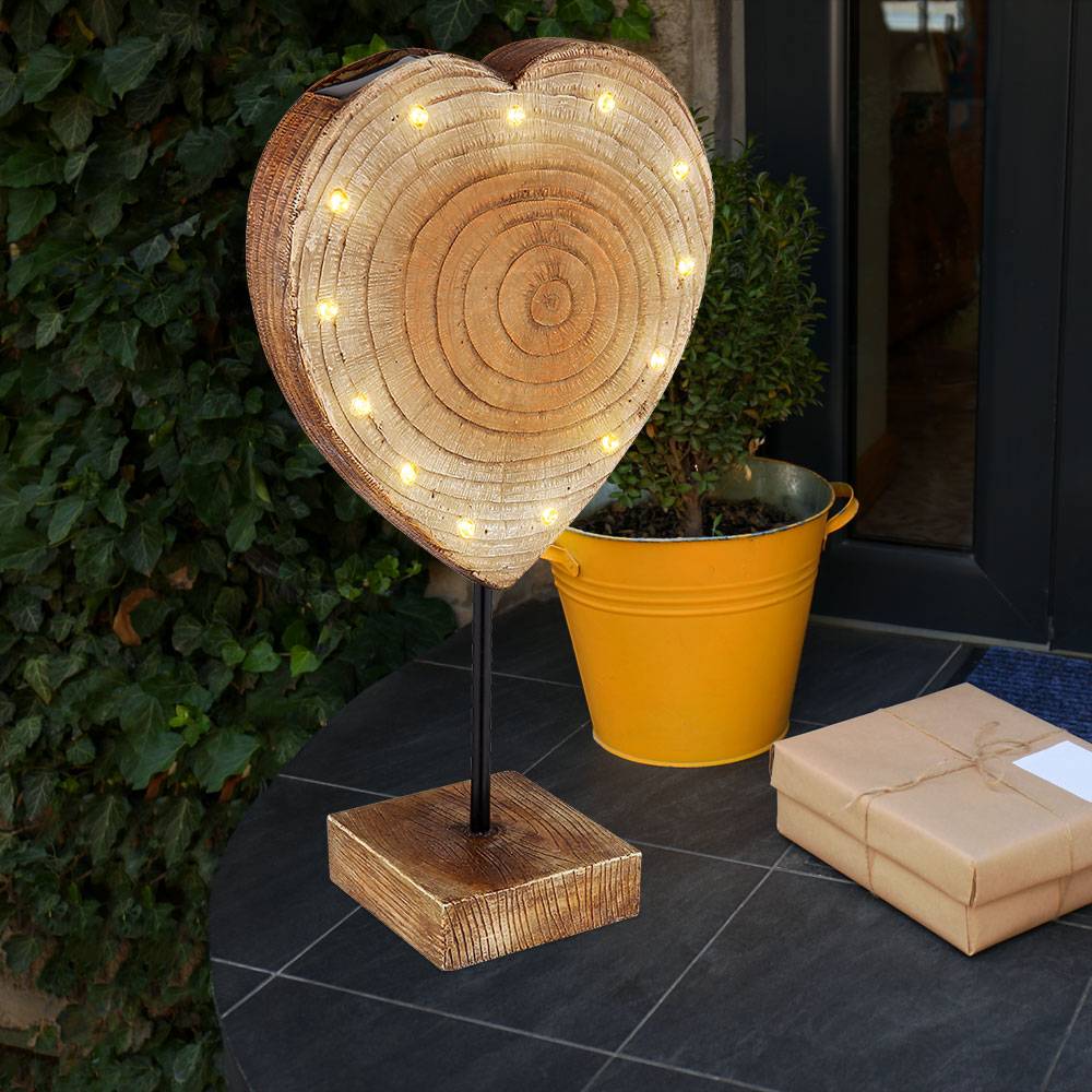 Außenleuchte Solarlampe Gartendeko Landhaustil, Holzoptik, Herzform, Metall, schwarz braun, 13 x LED 3000 Kelvin warmweiß, LxBxH 19x9,5x50 cm