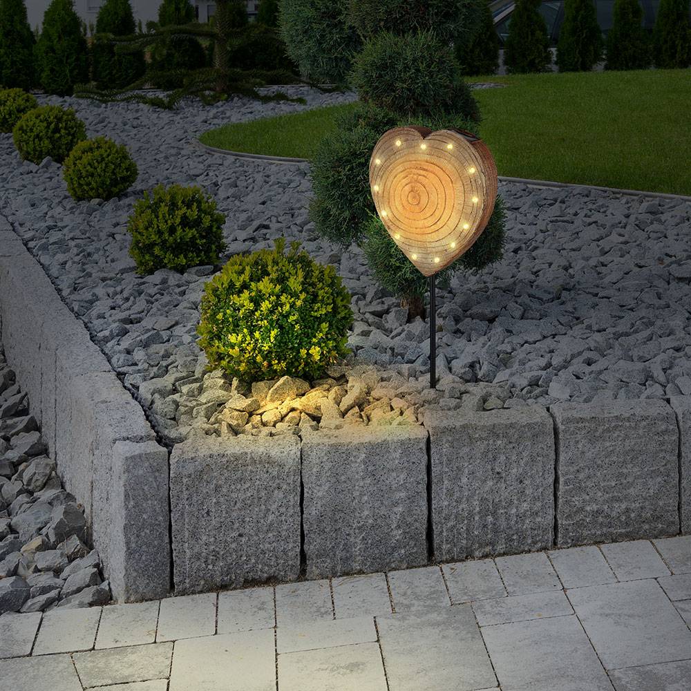 Außenleuchte Solarlampe Gartendeko Landhaustil, Holzoptik, Herzform, Metall, schwarz braun, 13 x LED 3000 Kelvin warmweiß, LxBxH 19x9,5x50 cm