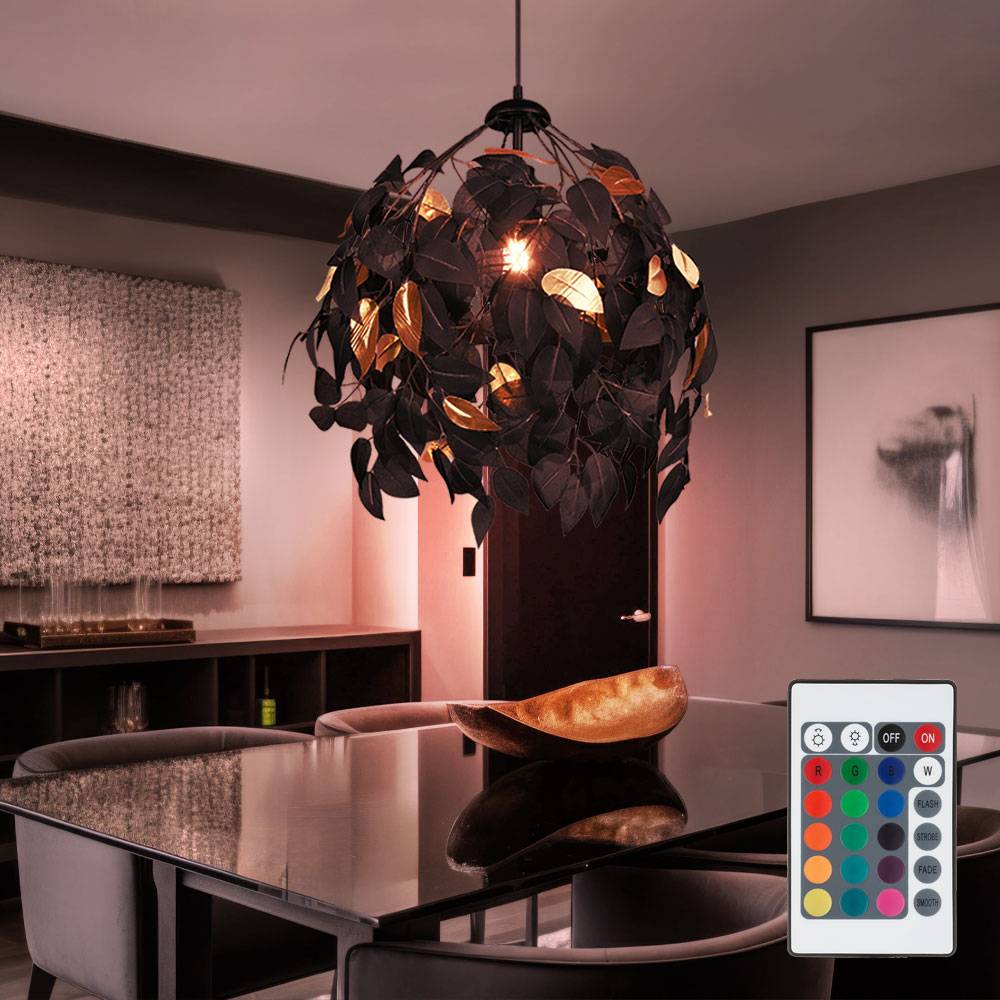 Hängeleuchte Fernbedienung dimmbar Wohnzimmerleuchte Hängelampe Farbwechsel Blätter Lampe schwarz gold, Metall, 1x RGB LED 8,5W 806Lm warmweiß, Dx