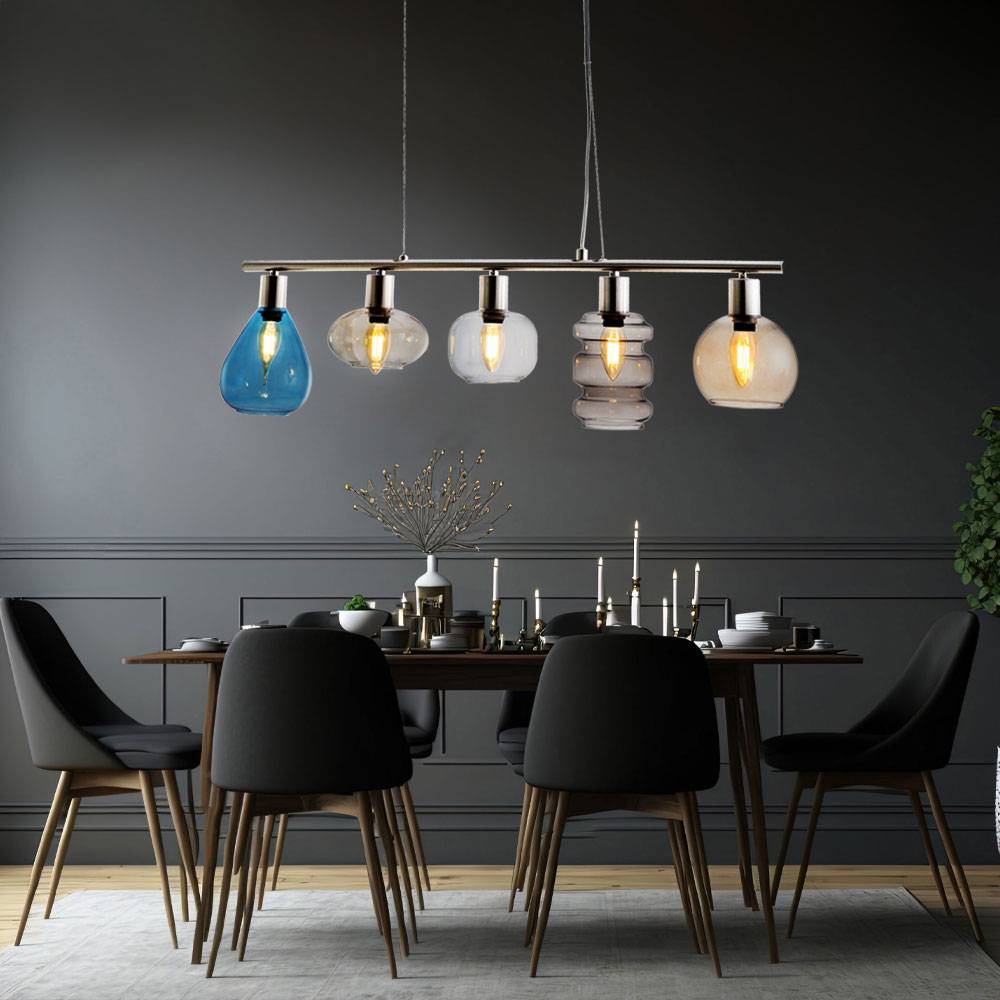 Hängeleuchte Glasschirme Esszimmerleuchte Hängend Hängelampe Esszimmer, blau amber rauch klar, Metall, 5 Flammig E14 Fassungen, BxH 80x150 cm