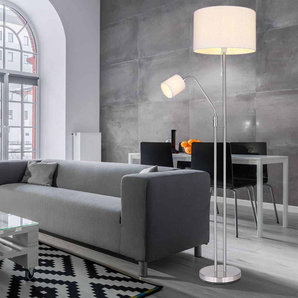 Stehleuchte Wohnzimmer sandfarben Deckenfluter mit Leselampe Stehlampe Stoffschirm Zugschalter, Leseleuchte mit Kippschalter, nickel matt, 1x E27