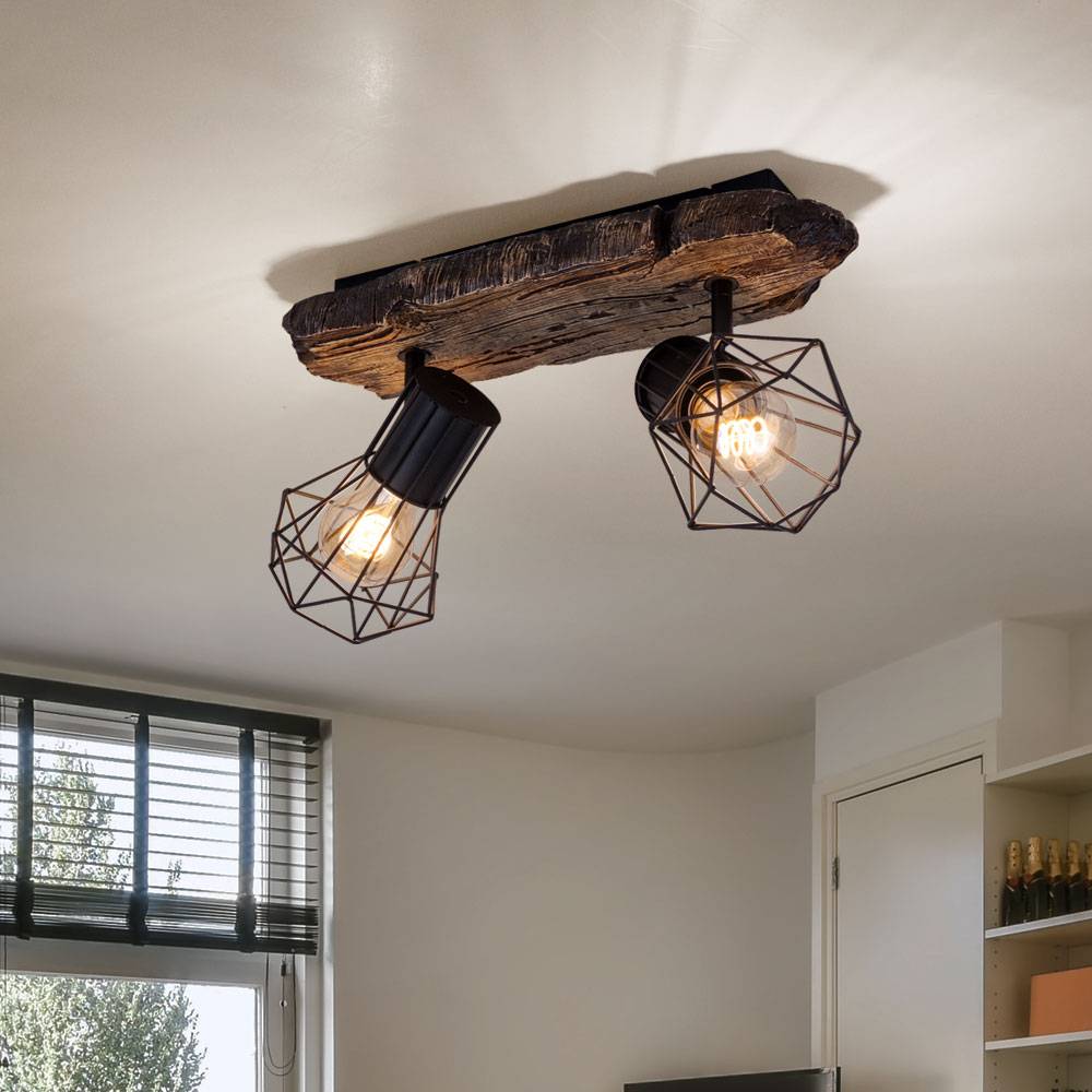 Deckenlampe Wohnzimmer Holzoptik Deckenstrahler 2 flammig Retro Geflecht Spots verstellbar, Metall Kunststoff, 2x E27 Fassung, LxBxH 38,5x12x23 cm
