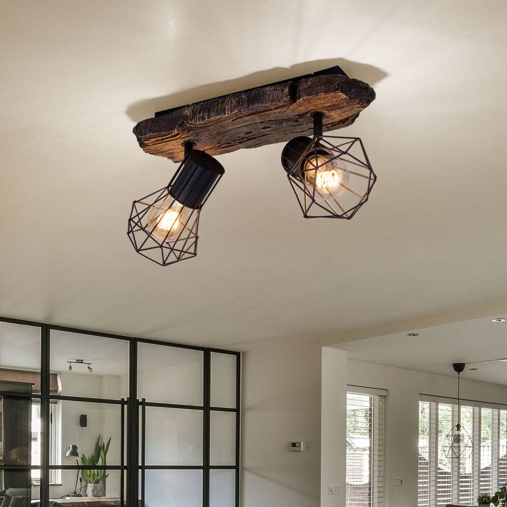 Deckenlampe Wohnzimmer Holzoptik Deckenstrahler 2 flammig Retro Geflecht Spots verstellbar, Metall Kunststoff, 2x E27 Fassung, LxBxH 38,5x12x23 cm