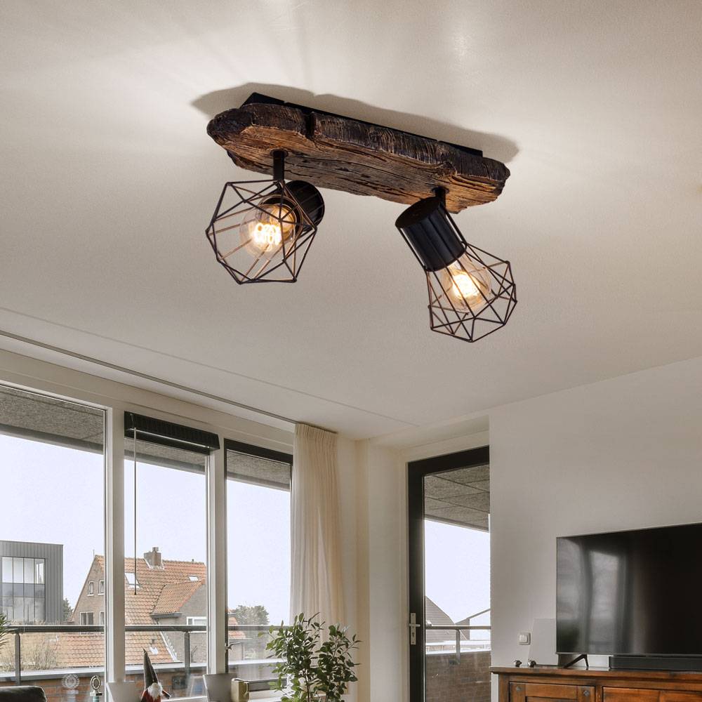 Deckenlampe Wohnzimmer Holzoptik Deckenstrahler 2 flammig Retro Geflecht Spots verstellbar, Metall Kunststoff, 2x E27 Fassung, LxBxH 38,5x12x23 cm