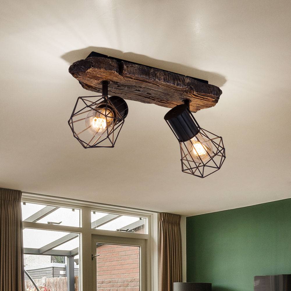 Deckenlampe Wohnzimmer Holzoptik Deckenstrahler 2 flammig Retro Geflecht Spots verstellbar, Metall Kunststoff, 2x E27 Fassung, LxBxH 38,5x12x23 cm