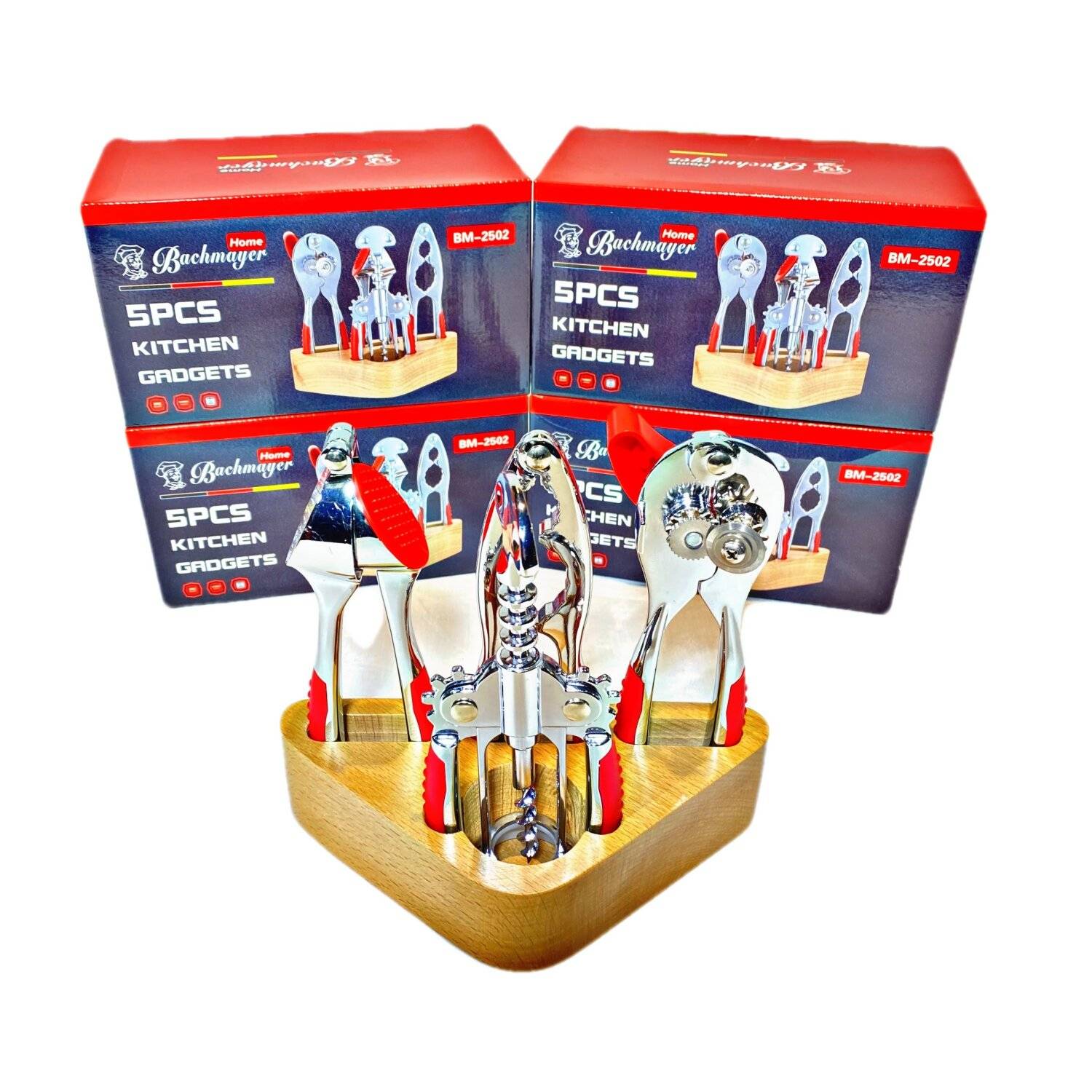 5 tlg Set Ständer Drehbar Dosenöffner Knoblauchpresse Nussknacker Dosenöffner Rot