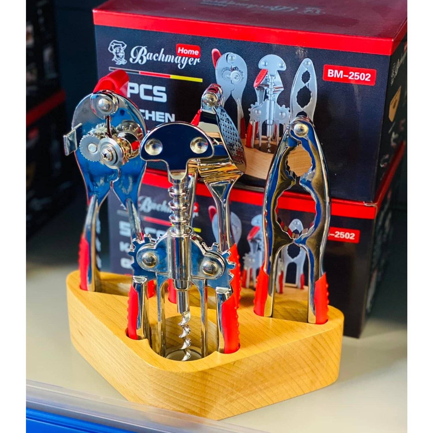 5 tlg Set Ständer Drehbar Dosenöffner Knoblauchpresse Nussknacker Dosenöffner Rot