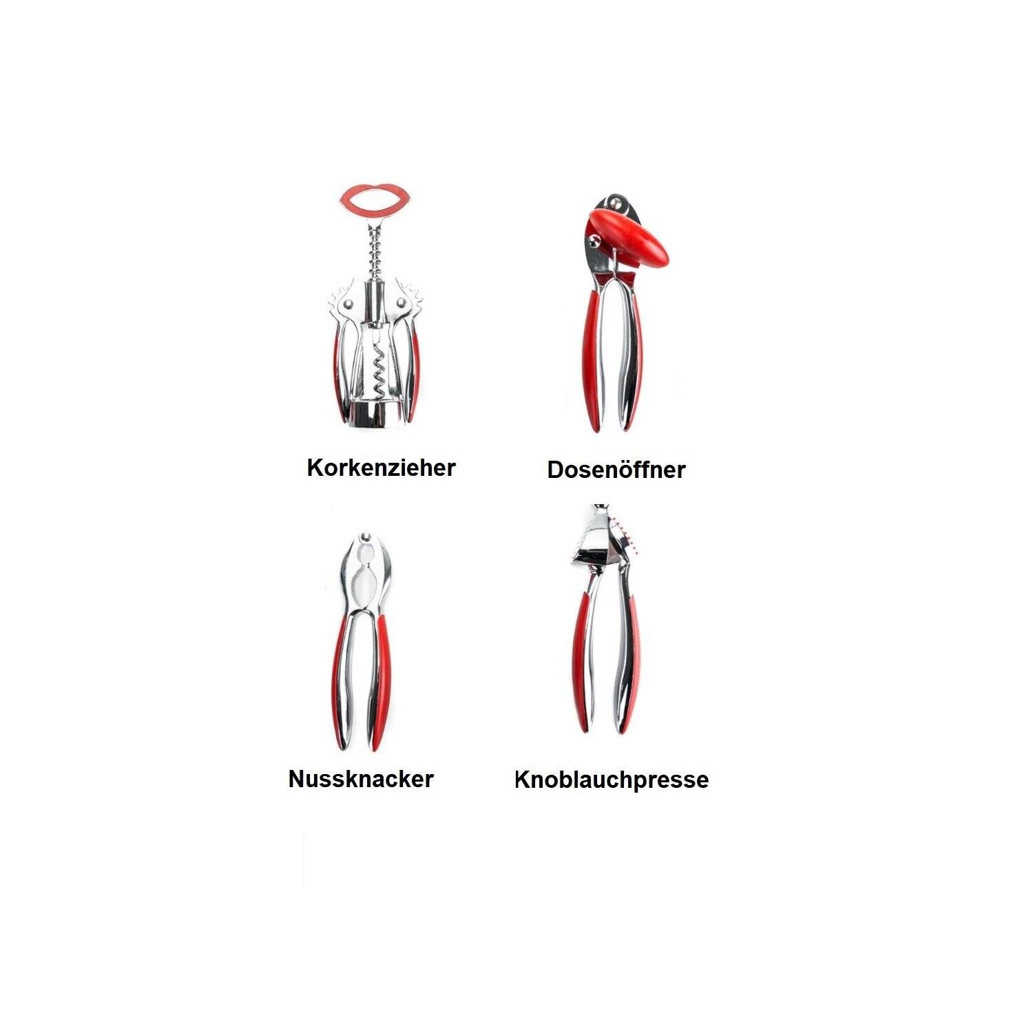 5 tlg Set Ständer Drehbar Dosenöffner Knoblauchpresse Nussknacker Dosenöffner Rot