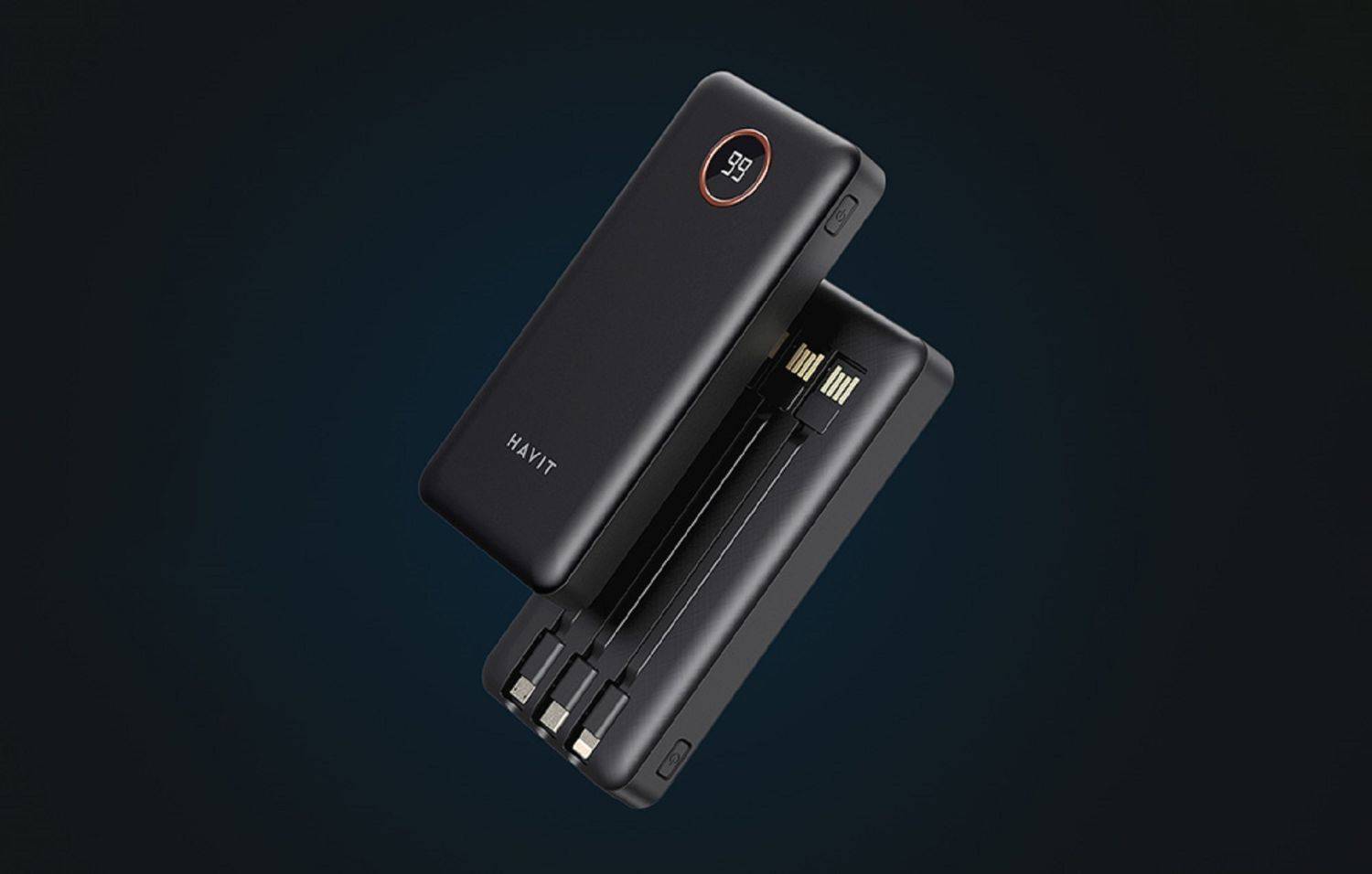 Havit PB74 Powerbank Externer Akku 10000mAh + USB-C, iOS, Micro USB Kabel mit Doppeltaschenlampe Schwarz
