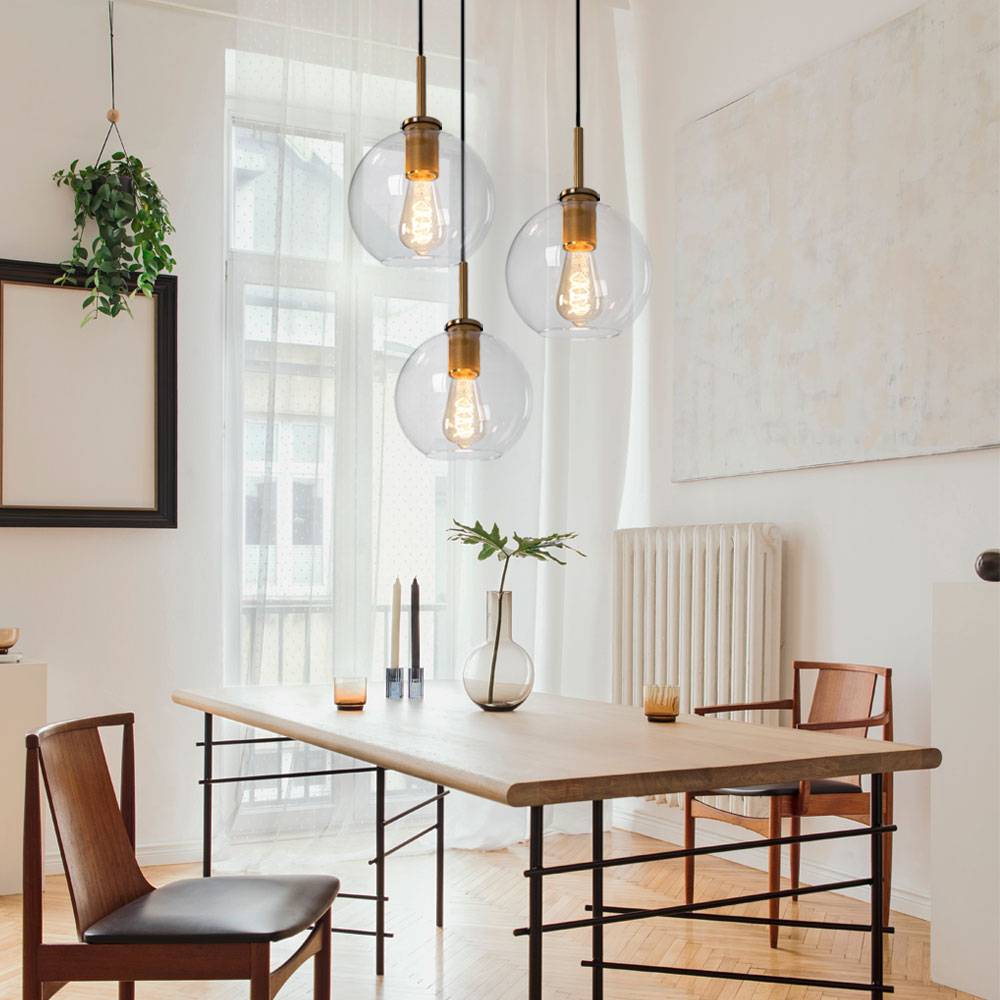 Glaskugel Hängelampe Pendelleuchte Esstisch Glaskugel Hängeleuchte Kugeln, 3 Flammig, Metall messing klar, 3x E27 Fassungen, DxH 47x120cm