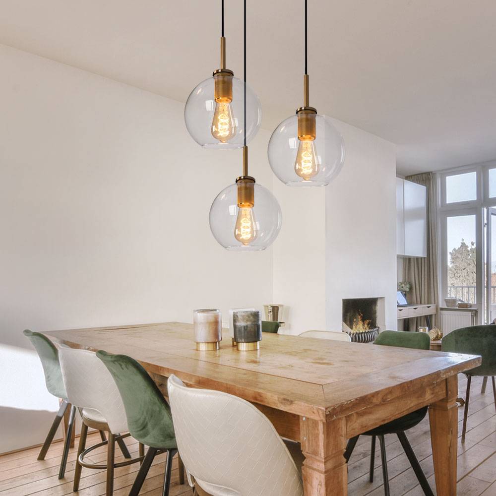 Glaskugel Hängelampe Pendelleuchte Esstisch Glaskugel Hängeleuchte Kugeln, 3 Flammig, Metall messing klar, 3x E27 Fassungen, DxH 47x120cm