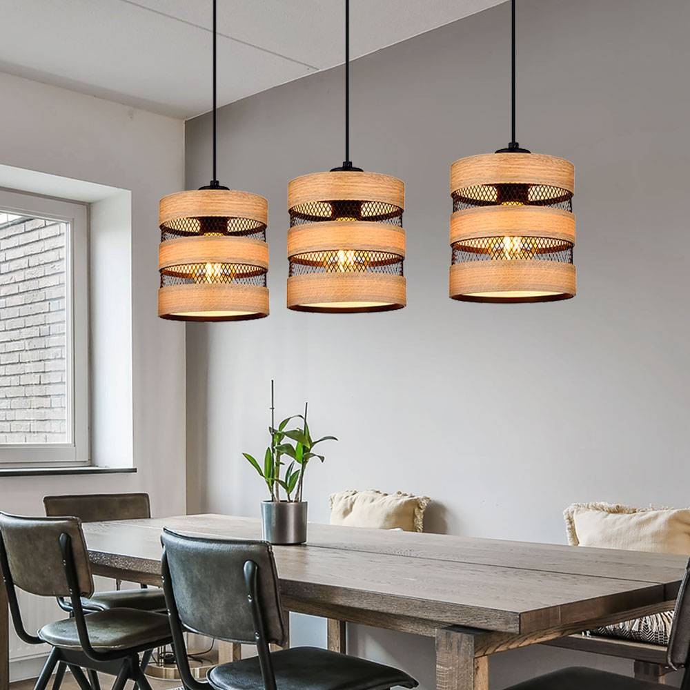 Pendellampe Hängelampe Wohnzimmerleuchte hängend Holzoptik Gitter schwarz Pendelleuchte rund 3 Flammig, Metall MDF, Fassung 3x E27, LxBxH 75x18x120