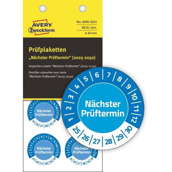 Prüfplaketten 30mm 10 Bogen/80 Etiketten 2025 blau