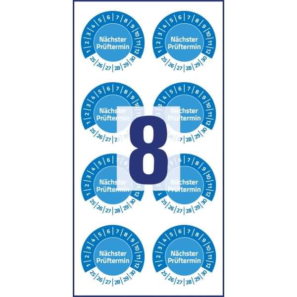 Prüfplaketten 30mm 10 Bogen/80 Etiketten 2025 blau