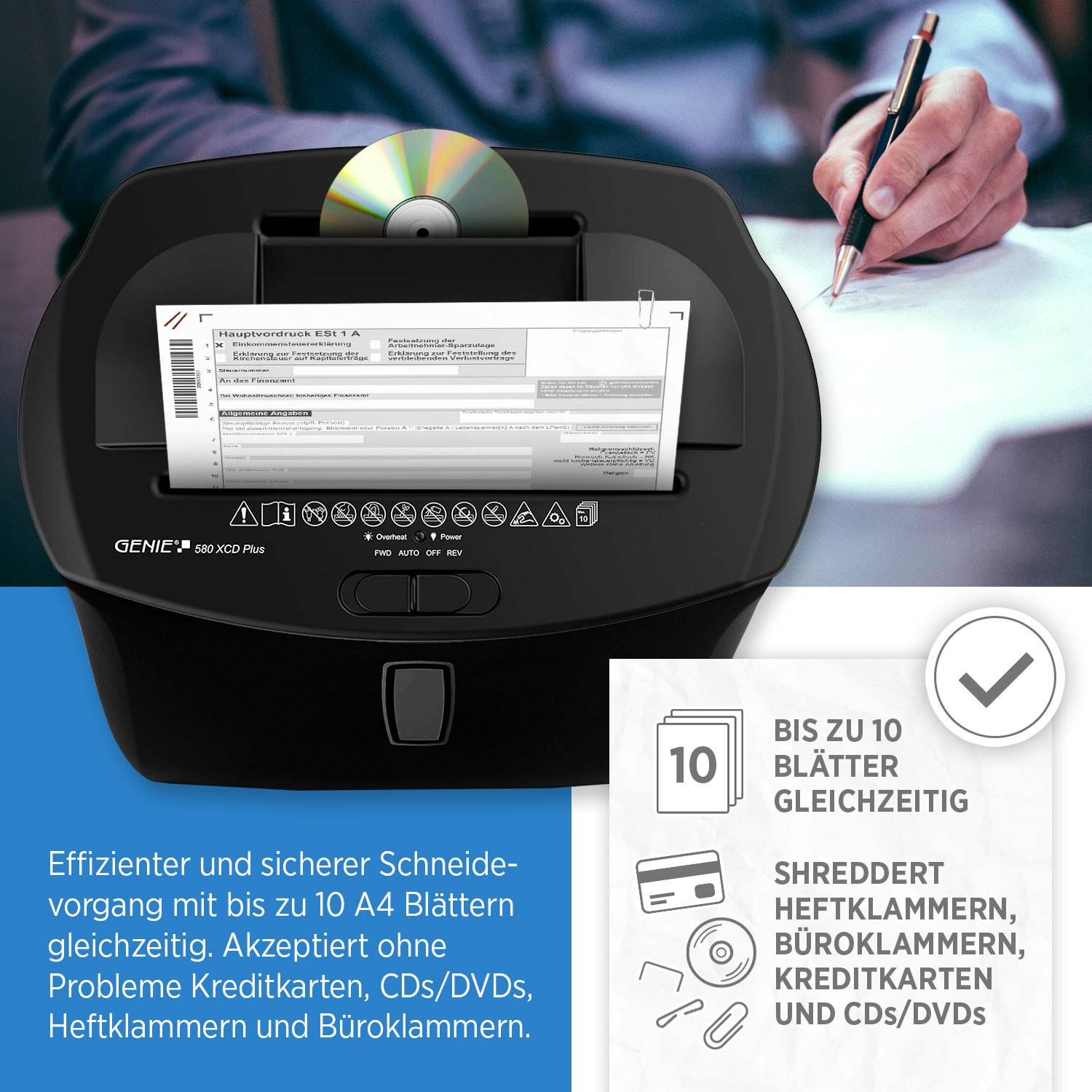 Ein Reißwolf mit einem Papiereinzug, beschriftet mit „GENIE 580 XCD Plus