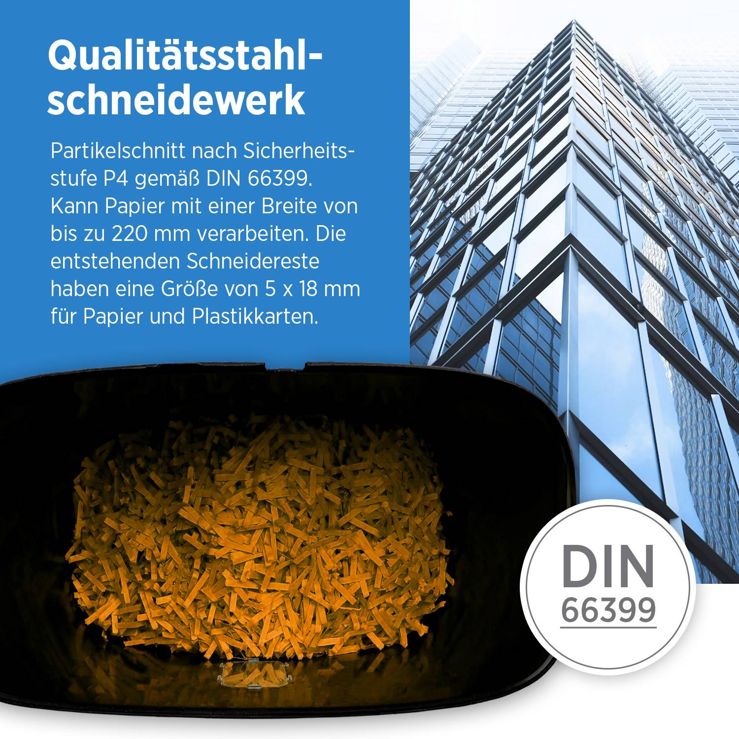 Ein schwarzer Aktenvernichter mit dem Text „Schnell, leise und sehr ausdauernd