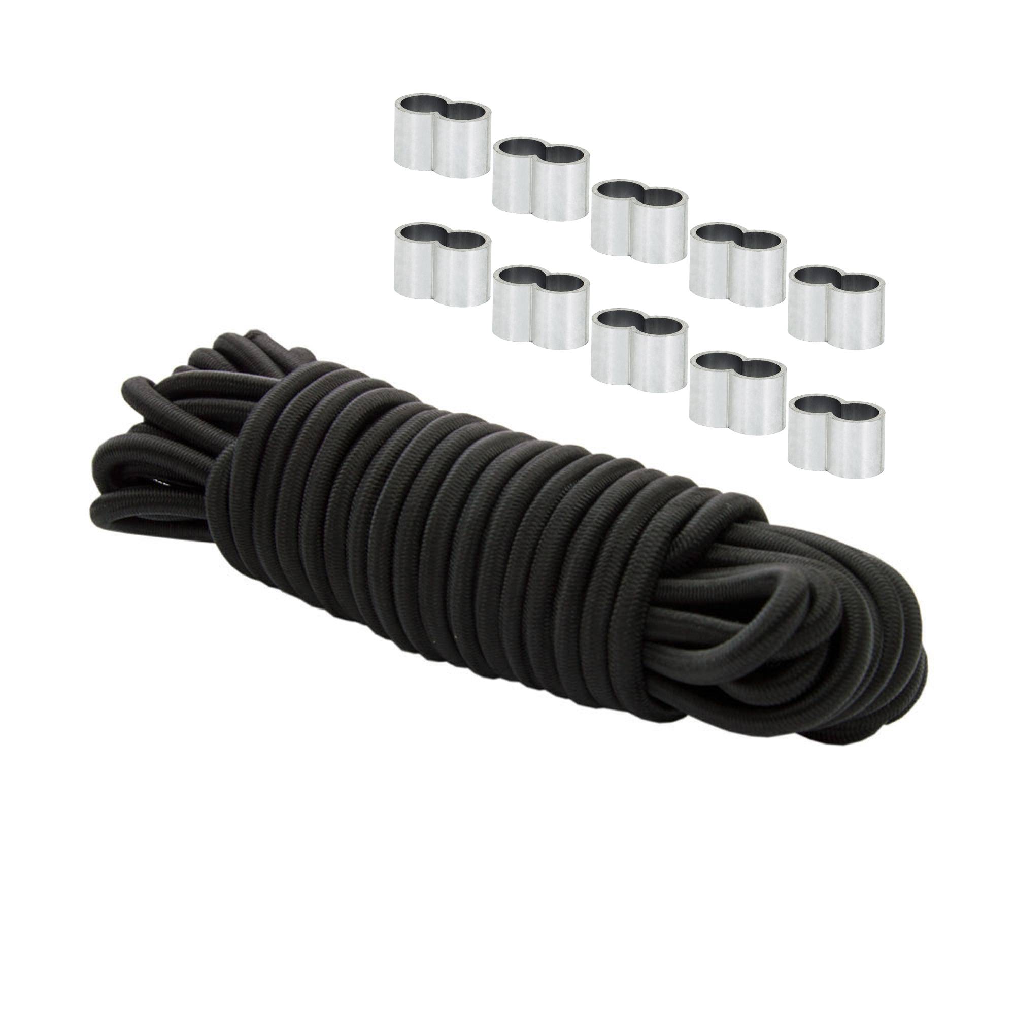 Dreamprint Expanderseil 10 m Schwarz 10 mm Gummiseil Gummischnur Spannseil Planenseil Gummileine elastisches Seil mit 10x Würgeklemmen