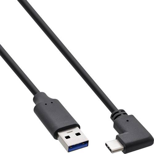 Ein schwarzes USB-Typ-A-zu-USB-Typ-C-Kabel mit Winkelstecker, entwickelt für Datenübertragung und Laden.