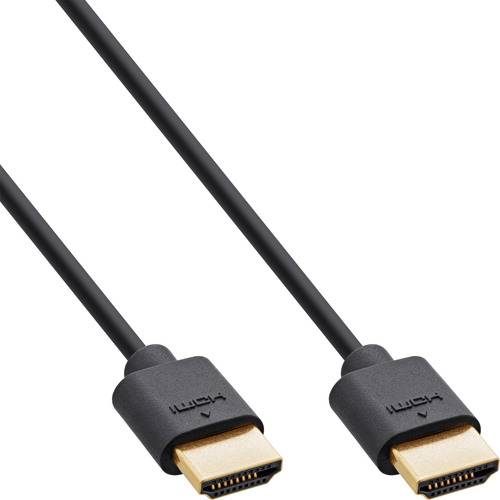 Ein schwarzes HDMI-Kabel mit Steckern an beiden Enden, das zur Übertragung von Audio- und Videosignalen zwischen Geräten verwendet wird.