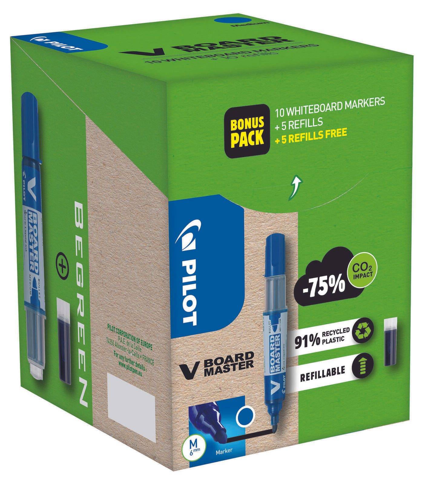 Das Bild zeigt eine Schachtel Pilot V Board Master Whiteboard-Marker mit der Bezeichnung „Bonus Pack