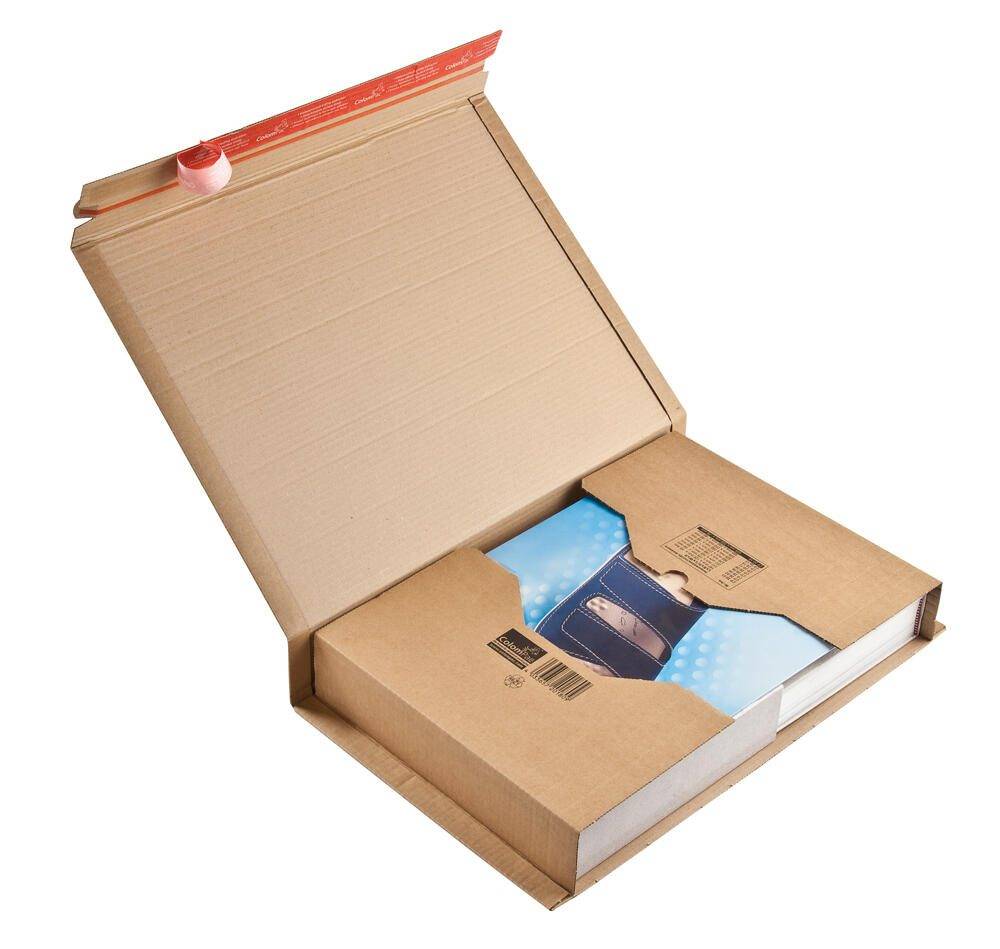 Offene Pappe-Versandbox mit einem verpackten Buch oder Produkteinsatz im Inneren, mit Versandklebeband auf dem Deckel.