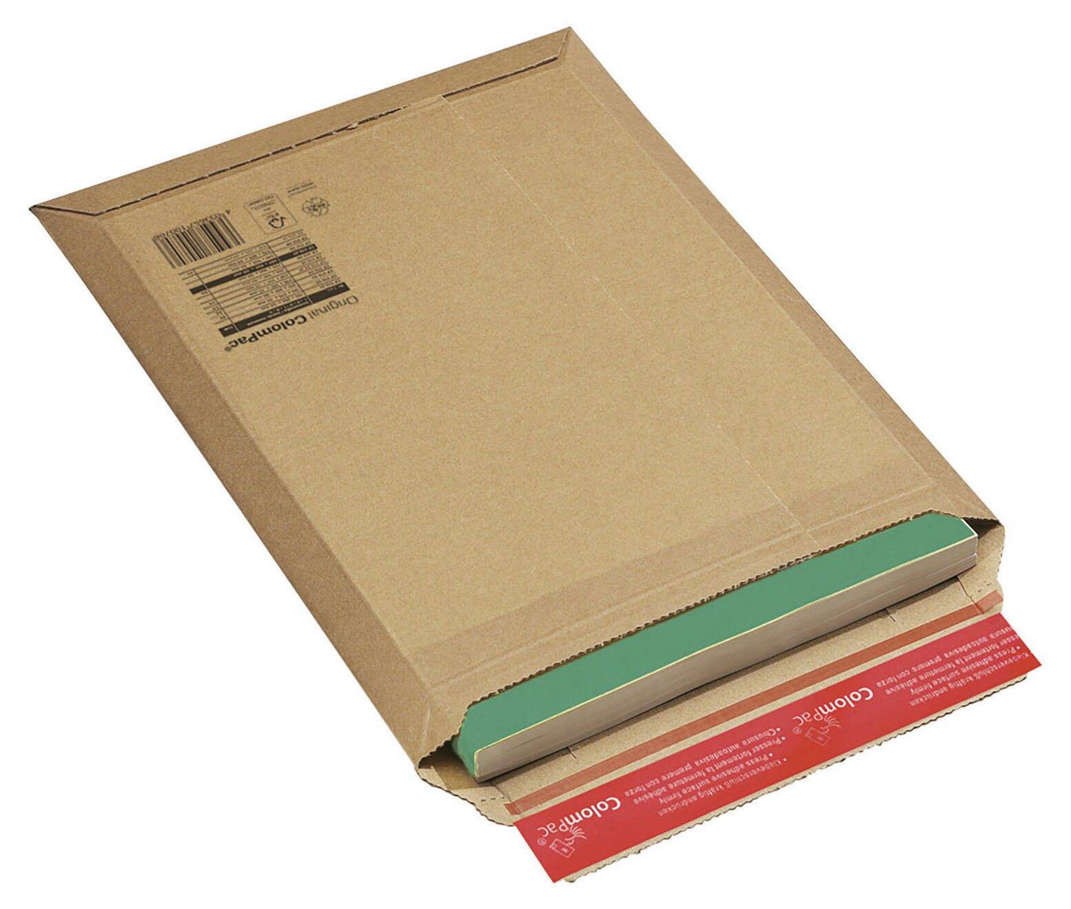 Ein offenes Pappversandpaket, das ein grün-weißes Buch im Inneren und einen roten Einsatz oder eine teilweise herausgezogene Broschüre zeigt.