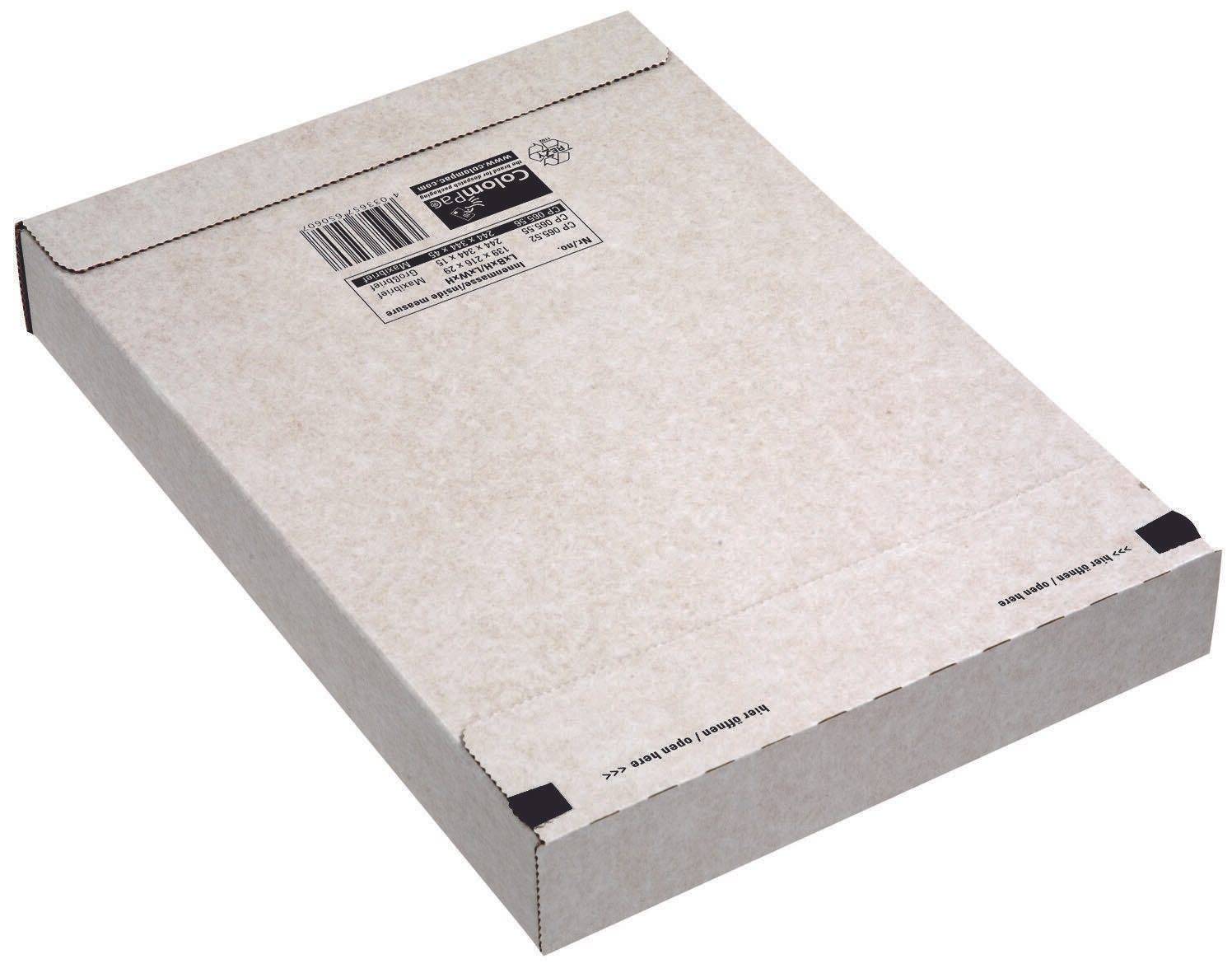 Einfacher grauer Kartonversandkarton mit Produktetikett und Barcode auf der Oberseite, geschlossen auf weißem Hintergrund dargestellt.