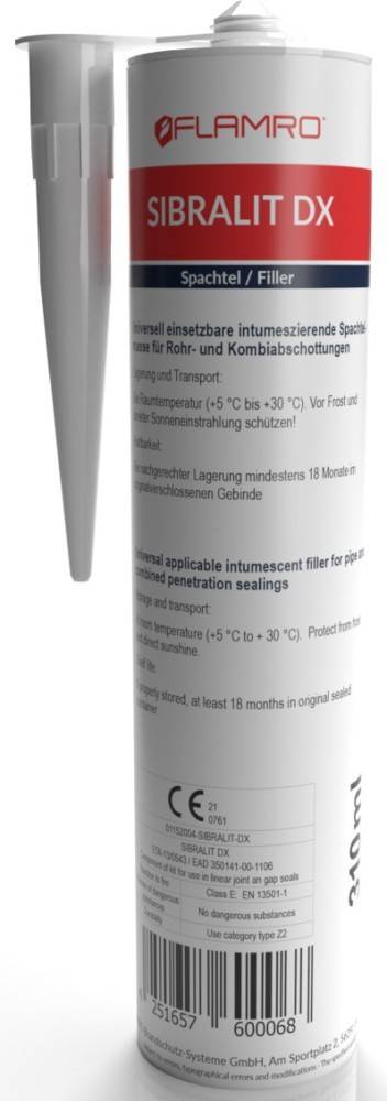 Für den Innenbereich geeignet und für Rohr- und kombinierte Durchdringungsdichtungen verwendbar.' Temperaturbereich: +5°C bis +30°C. Verschlossen lagern, 18 Monate Haltbarkeit.