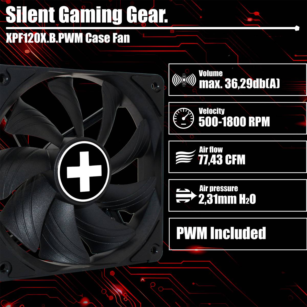 XPF120X.B PWM-Gehäuselüfter.' Schwarzer Lüfter mit 120 mm Durchmesser. Lautstärke max: 36,29 dB(A), Luftdurchsatz: 77,43 CFM, statischer Druck: 2,31 mm H2O, 500-1800 U/min. PWM inklusive.