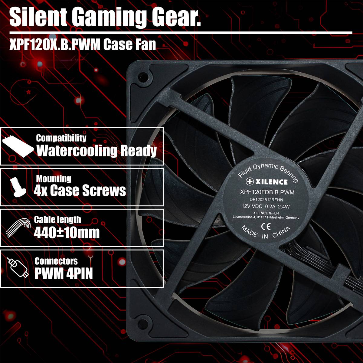 Nahaufnahme eines schwarzen 120-mm-Computerkühllüfters mit Text, der anzeigt, dass er wasserkühltauglich ist und eine 440±10-mm-PWM-4-Pin-Verbindung besitzt.