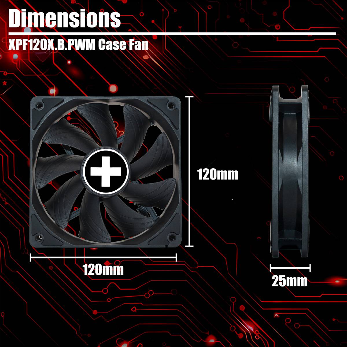 Abmessungen des XPF120X.B. PWM-Gehäuselüfters: 120 mm Breite und Höhe, 25 mm Tiefe.