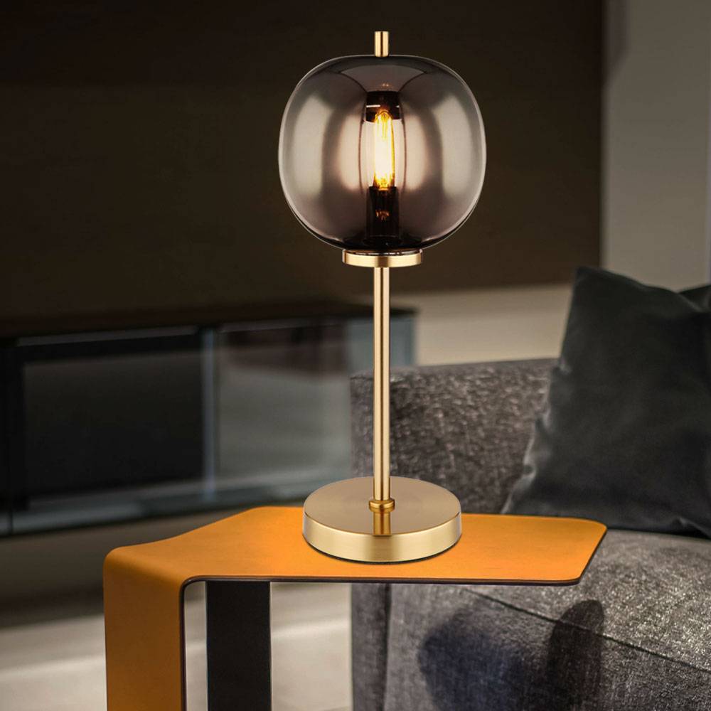 Tischleuchte Glas E14 Nachttischlechte Schlafzimmer Retro Kugellampe Tischlampe Rauchglas, Schalter, Metall messing, E14 Fassung, DxH 18,5x45 cm