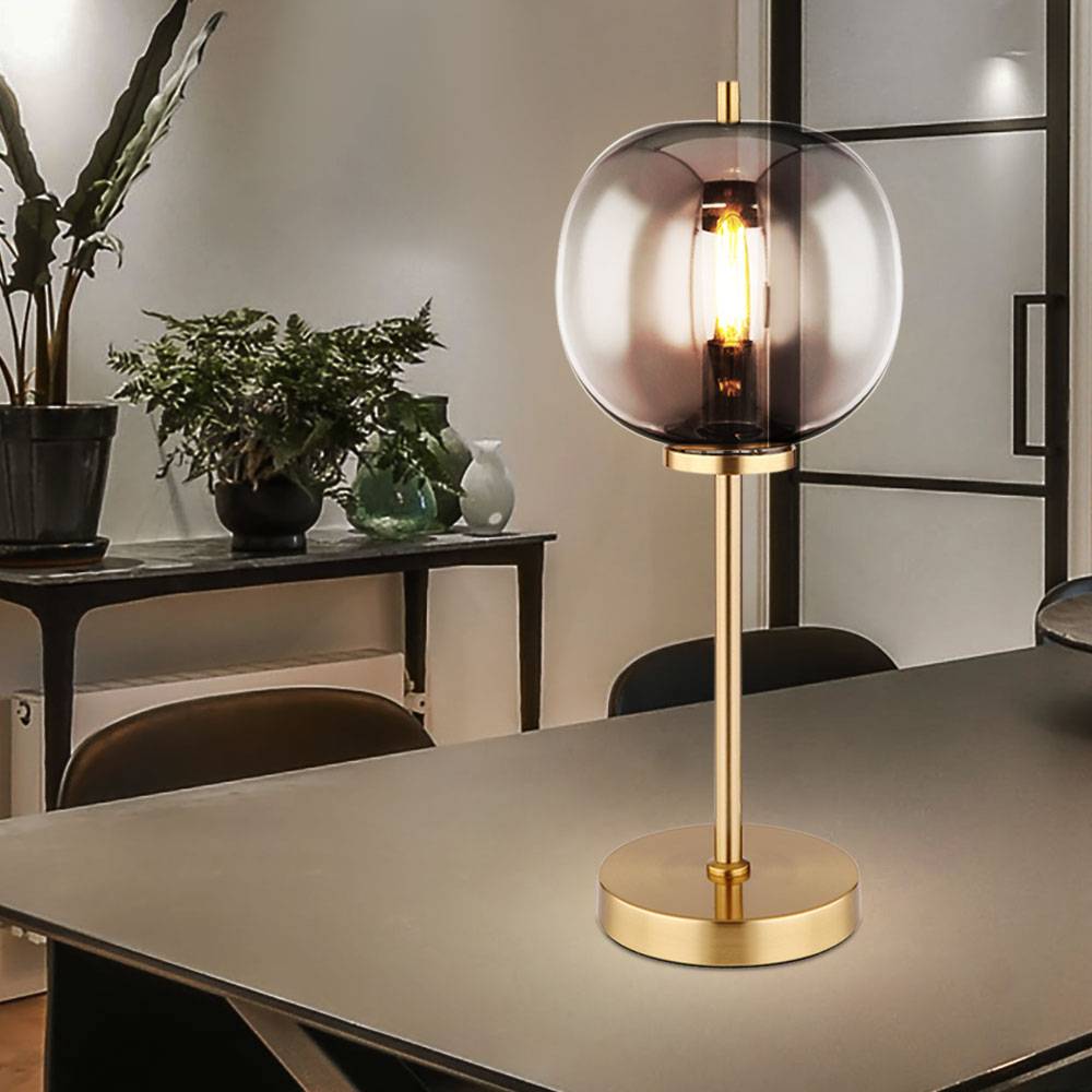 Tischleuchte Glas E14 Nachttischlechte Schlafzimmer Retro Kugellampe Tischlampe Rauchglas, Schalter, Metall messing, E14 Fassung, DxH 18,5x45 cm