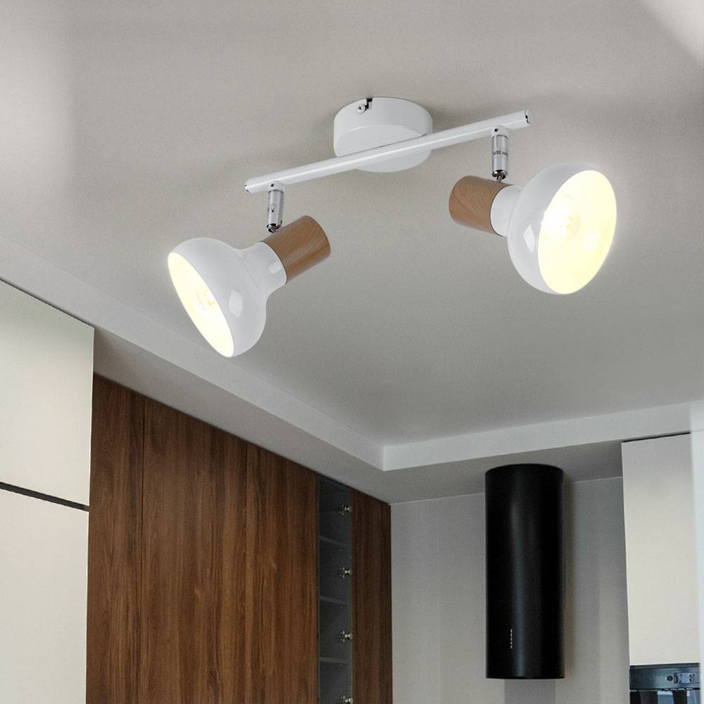 Deckenleuchte Spot 2 Flammig Deckenstrahler weiß Deckenlampe 2 Spots, Fernbedienung dimmbar, schwenkbar, Holzoptik, 2x RGB LED 4,8 W 470Lm, L 35,5