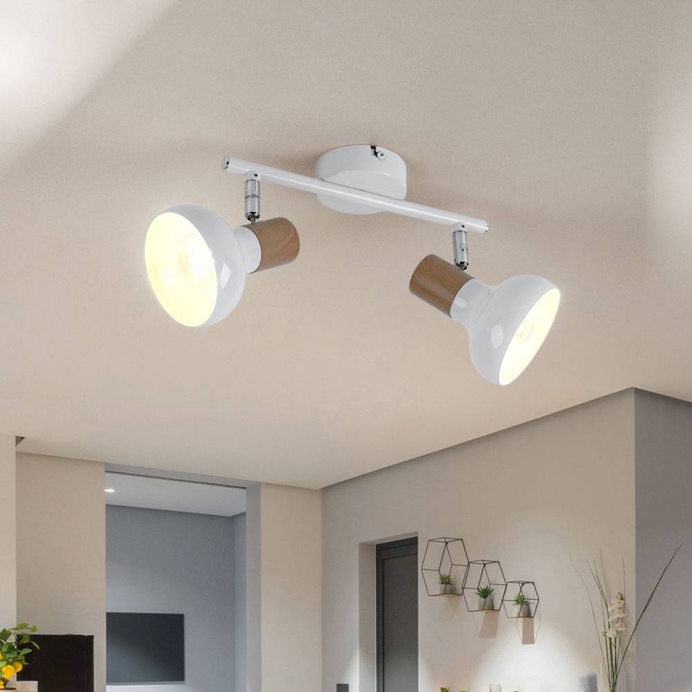 Deckenleuchte Spot 2 Flammig Deckenstrahler weiß Deckenlampe 2 Spots, Fernbedienung dimmbar, schwenkbar, Holzoptik, 2x RGB LED 4,8 W 470Lm, L 35,5