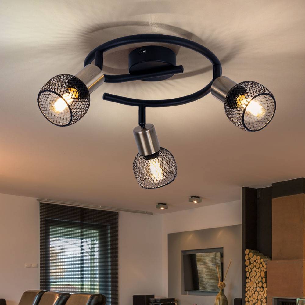 Deckenleuchte Deckenlampe Wohnzimmerleuchte Spotrondell, Strahler schwenkbar, Gitterschirm, Metall, schwarz altmessing, 3x E14 Fassung, DxH 23x14 cm