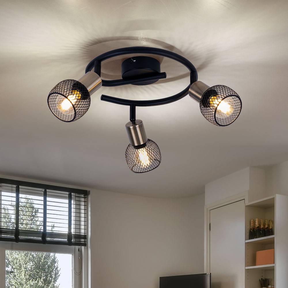 Deckenleuchte Deckenlampe Wohnzimmerleuchte Spotrondell, Strahler schwenkbar, Gitterschirm, Metall, schwarz altmessing, 3x E14 Fassung, DxH 23x14 cm