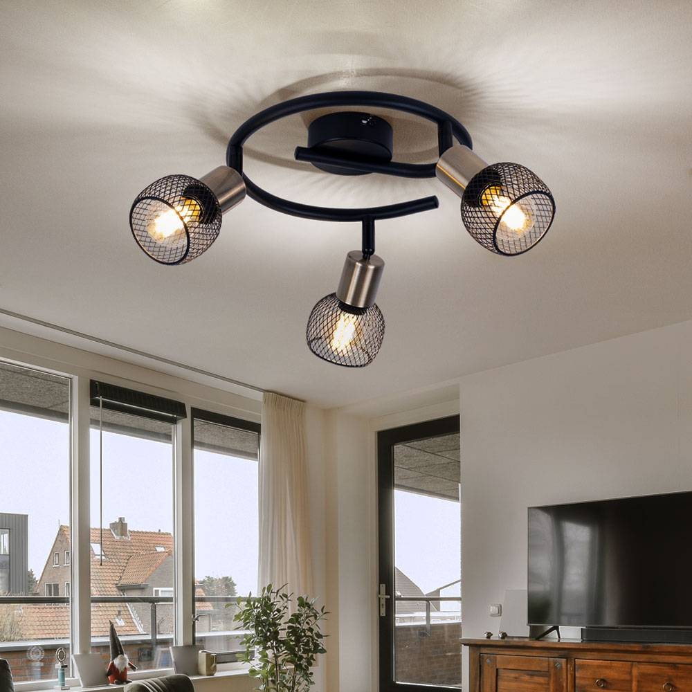 Deckenleuchte Deckenlampe Wohnzimmerleuchte Spotrondell, Strahler schwenkbar, Gitterschirm, Metall, schwarz altmessing, 3x E14 Fassung, DxH 23x14 cm